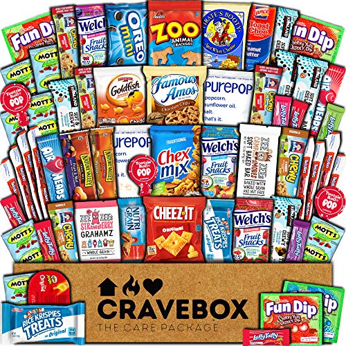 CraveBox Care Package (60 Count) Snacks Food Cookies Granola Bar Chips Candy Ultimate Variety Gift Box Pack Assortment Basket Bundle Mix Bulk Sampler Treats College Students Office Staff Halloween