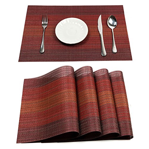 Pauwer Placemats Set of 6 for Dining Table Washable Woven Vinyl Placemat Non-Slip Heat Resistant Kitchen Table Mats Easy to Clean (Set of 6, Red)