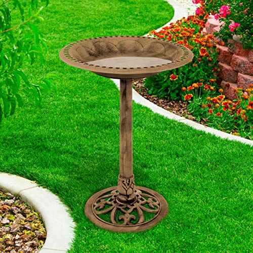 Pure Garden 50-LG1074 Antique Bird Bath-Weather Resistant Resin Birdbath with Vintage Scroll Design, 3 Ground Stakes for Garden, Outdoor Decor (Bronze)