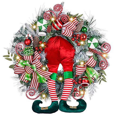 Valery Madelyn Pre-Lit 30 inch Delightful Elf Red Green White Lighted Christmas Wreaths for Front Door with Ball Ornaments Candies, Battery Operated 40 LED Lights, Holiday Decoration for Outdoor Home