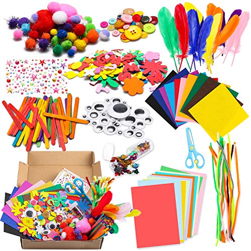 WATINC 1000Pcs DIY Art Craft Kit for Kids Creative Pompoms Pipe Cleaners Feather Foam Flowers Letters Crystal Sticker Felt Wiggle Googly Eyes Sequins Button Colorful Wooden Sticks Paper Party Supplies