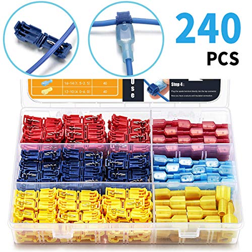 Qibaok 240 PCS T-Tap Wire Connectors Self-Stripping Quick Splice Electrical Terminals and Nylon Insulated Male Quick Disconnect Spade Terminals Kit