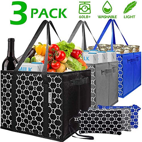 Washable Reusable Grocery Bags Heavy Duty Shopping Bags with Zip Coin Purse,Collapsible Shopping Box Bags,Reinforced Nylon Handles PVC Flat Bottom,Set of 3 Foldable Trolley Bags
