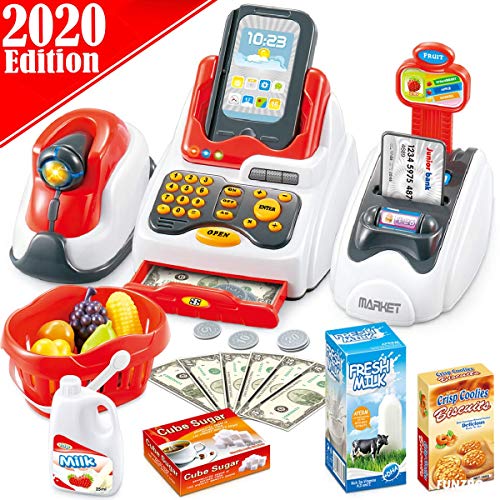 FunzBo Cash Register for Kids Toys - Grocery Store Pretend Play for Girls Boys Toy Cashier Registers with Scanner and Sound, Credit Card Reader, Money - Checkout Game for Kid Age 3 4 5 6 Years Old