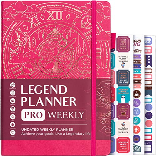 Legend Planner PRO - Deluxe Weekly & Monthly Life Planner to Increase Productivity and Hit Your Goals. Time Management Organizer Notebook - Undated - 7 x 10' Hardcover + Stickers - Hot Pink