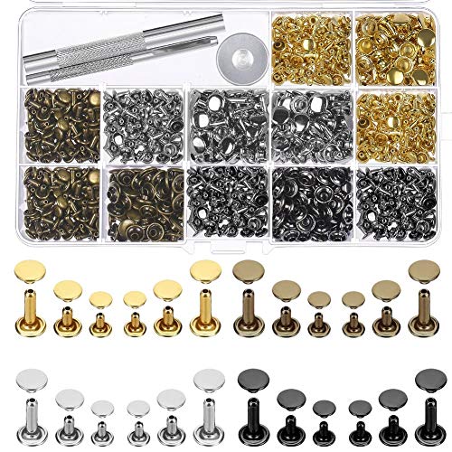 Selizo 480 Sets 4 Colors 3 Sizes Leather Rivets Double Cap Rivet Tubular Metal Studs with 3 Pieces Setting Tool Kit for Leather Craft Repairs Decoration