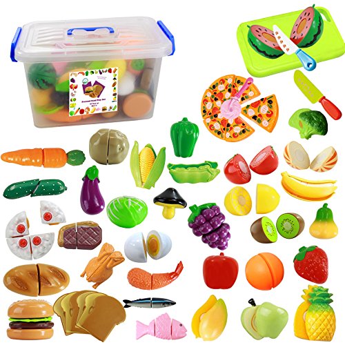 IQ Toys 40 Piece Pretend Cutting Food Playset for Kids Kitchen Toys Cutting Fruits Vegetables Pizza with Knives and Pizza Cutter Includes a Storage Container