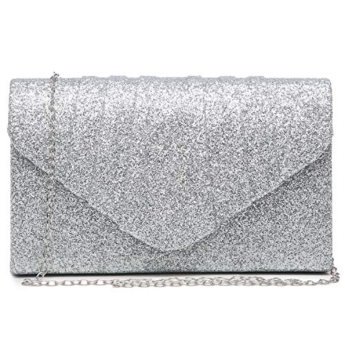 Dasein Womens Evening Bags Glittery Pleated Clutch Handbags Envelope Purses for Prom Party Wedding Bridal Silver