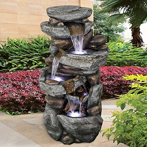 SunJet 5-Tier Outdoor Water Fountain with LED Lights - 40in Rock Water Fountain for Home Garden, Yard, Patio, Deck Decor - Soothing Tranquility Floor-Standing Fountain