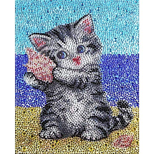 VVEEWUU 5D Diamond Painting by Number Kit Full Drill DIY Rhinestone Embroidery Mosaic Making Supplies for Kids Gifts (Beach Cat)