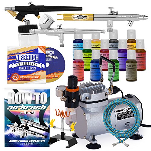 PointZero Cake Airbrush Decorating Kit - 3 Airbrushes, Compressor, and 12 Chefmaster Colors