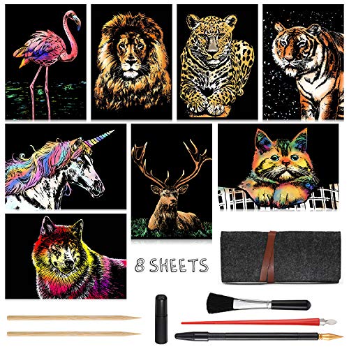 Scratch Art for Kids & Adults, Rainbow Painting Night View Scratchboard(A4), Crafts Set: 8 Sheets Scratch Cards with 6 tools in Bag - Unicorn/Flamingo/Cat/Deer/Lion/Tiger/Leopard/Wolf (Animal Series)