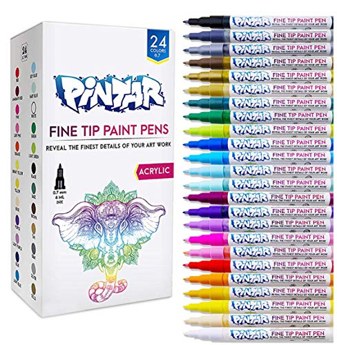PINTAR Premium Acrylic Paint Pens - (24-Pack) Fine Tip Pens For Rock Painting, Ceramic Glass, Wood, Paper, Fabric & Porcelain, Water Resistant Paint Set, Surface Pen, Craft Supplies, DIY Project