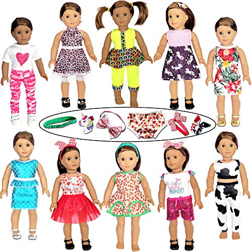 21 Pcs 18 inch Doll Clothes and Accessories fit American 18'' Girl Dolls - Including 10 Complete Set of American Doll Clothes Outfits with Unicorn Hair Clips, Hair Bands, Underwear