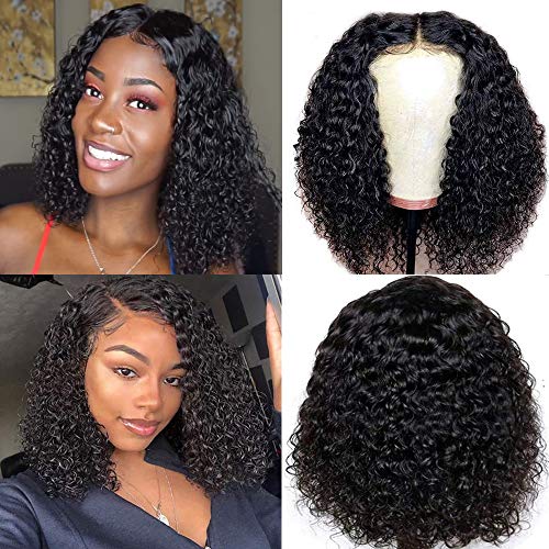 Ainmeys short bob wigs 4x4 lace closure wigs brazilian curly wave Lace Front wigs human hair curly bob wigs for black women 150% Density Pre Plucked with bady hair (14inch, 4x4 lace closure)