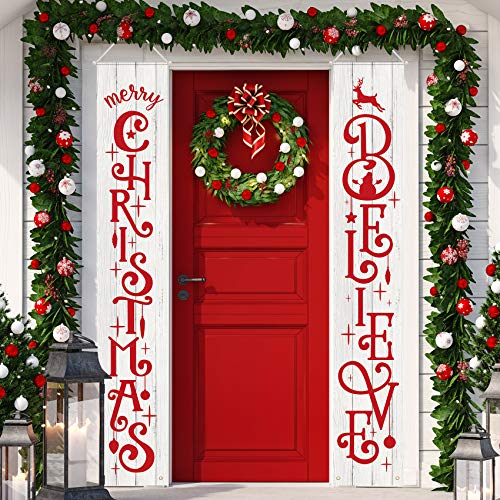 2 Pieces Christmas Porch Signs Merry Christmas Hanging Banners Christmas Wall Banners for Holiday Home Indoor Outdoor Porch Wall Christmas Decoration