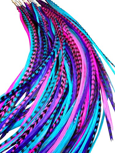 Feather Hair Extensions, 100% Real Rooster Feathers, Long Pink, Purple, Blue Colors, 20 Feathers with Bonus FREE Beads and Loop Tool Kit B1
