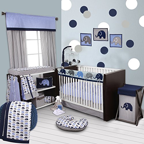 Bacati 10 Piece Boys Elephants Nursery-in-A-Bag Boys Crib Bedding Set with Long Rail Guard, Blue/Grey