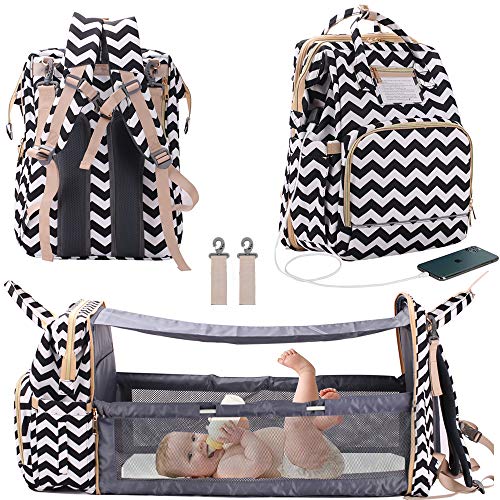 3 in 1 Travel Bassinet Foldable Baby Bed, Diaper Bag Backpack Changing Station, Large Capacity, Waterproof, USB Charging Port (Black & White Wave)