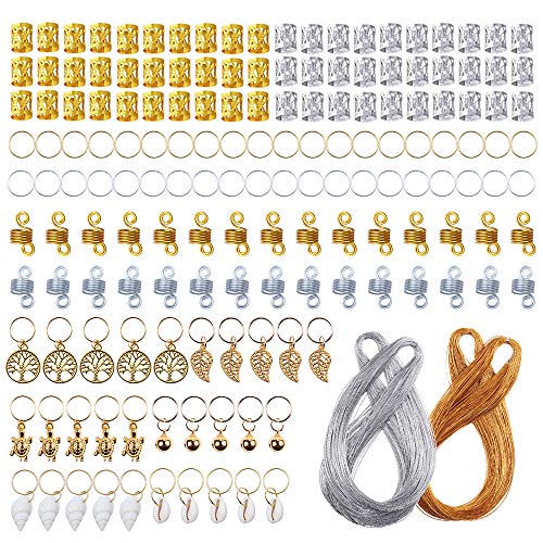 YMHPRIDE 160 Pcs Hair Jewelry Rings Aluminum Dreadlocks Beads Metal Hair Cuffs Hair Decorations Pendants with 200 M Metallic Cord(100 M Golden and 100 M Silver)