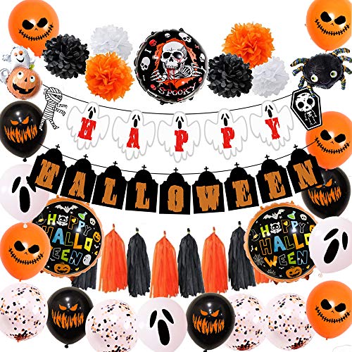 39 Pack Halloween Party Decorations Kit-Happy Halloween Balloon Banner Latex Balloons Spider Pumpkin Foil Balloon Paper Pom Poms Flowers Ghost Balloons Paper Tassel for Halloween Party Decorations