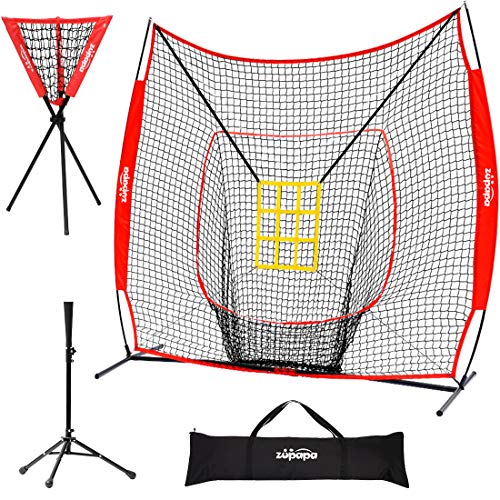 Zupapa 7x7 Feet Baseball Softball Hitting Pitching Net Tee Caddy Set with Strike Zone, Baseball Backstop Practice Net for Pitching Batting Catching for All Skill Levels (Red)