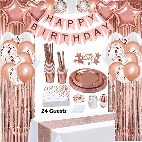 Rose Gold Birthday Party Decorations, Rose Gold Party Decorations Set for Girls Or Women, Birthday Banner, Curtains, Table Runner, Balloons, Plates, Cups, Tissue and More for 24 Guest by JSN Party