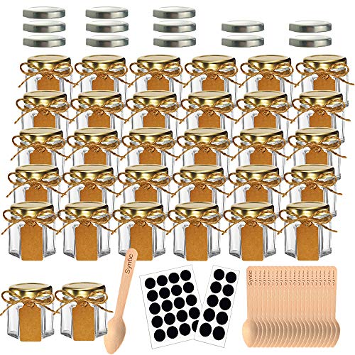 Syntic 32 Pcs 1.5 oz Hexagon Jars/Glass Jars with Gold Lids, Small Mason Jars for Wedding, Party Favors, Extra 13 Silver Lids, Chalkboard Labels, Tag String, 30 Disposable Wooden Spoons Included