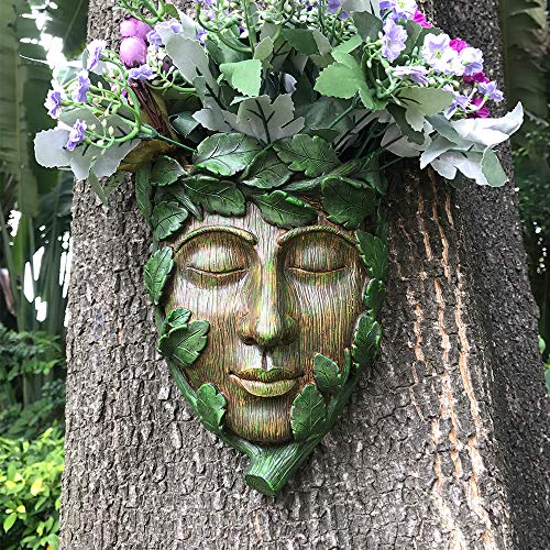 Claratut Hand-Painted Resin Green Man Tree Face,Tree Hugger Sculpture Hanging Wall Sculpture Decor Tree Flower Dot