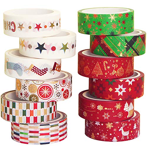 YUBBAEX Christmas Washi Tape Set Gold Foil Masking Tape Decorative for Arts, DIY Crafts, Bullet Journal Supplies, Planners, Scrapbook, Card/Gift Wrapping -15mm- (Golden X'Mas 12 Rolls)