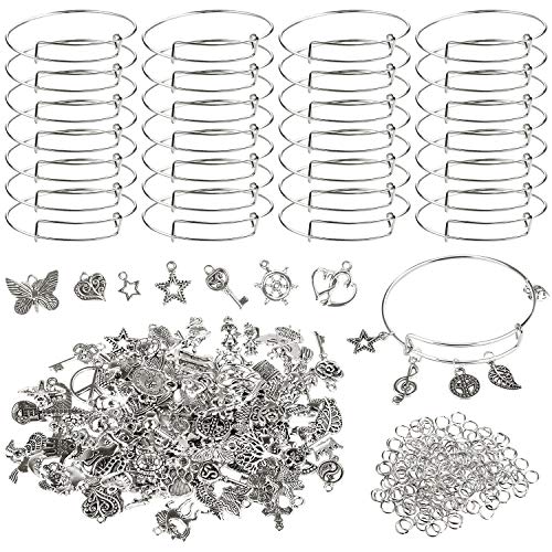UPINS 30Pcs Silver Expandable Blank Bracelets Adjustable Wire Bangles with 100Pcs Tibetan Silver Charms, 200Pcs Open Jump Rings for Jewelry Making