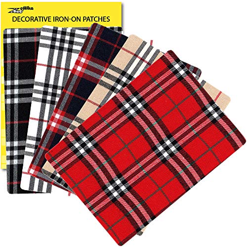 ZEFFFKA Premium Quality Plaid Fabric Textile Decorative Iron-on Patches Modern Cool Design 5 Pieces 100% Cotton Repair Kit for Jeans or Other Garment 5' by 7' (13 cm x 18 cm)