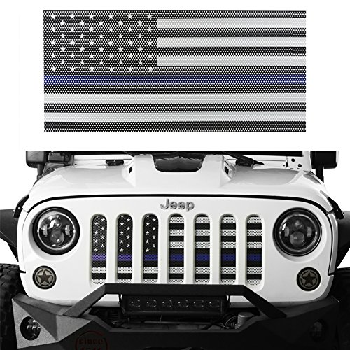 Hooke Road Flag Front Grill Mesh Insert Grille Screen Bug Deflector for Jeep JK Wrangler & Unlimited 2007-2018 (Thin Blue Line)