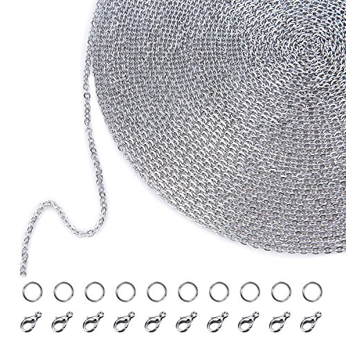 Outus 33 Feet Stainless Steel DIY Link Chain Necklaces with 20 Lobster Clasps and 30 Jump Rings for Jewelry Making (1.5 mm Wide)