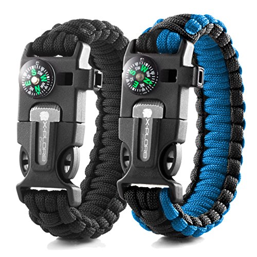 X-Plore Gear Emergency Paracord Bracelets | Set of 2| The Ultimate Tactical Survival Gear| Flint Fire Starter, Whistle, Compass & Scraper | Best Wilderness Survival-Kit - Black(R)/Blue(R)