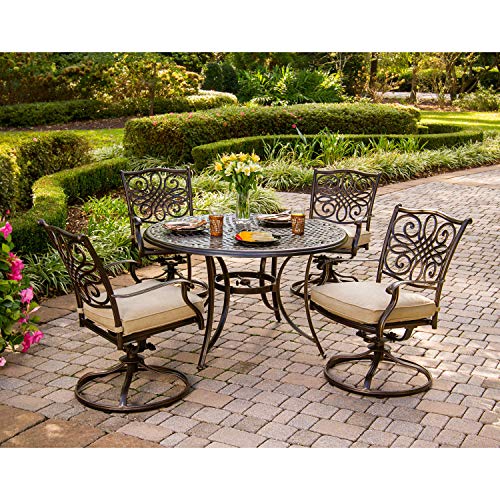 Hanover Traditions 5-Piece Cast Aluminum Outdoor Patio Dining Set, 4 Swivel Rocker Chairs and 48' Round Table, Brushed Bronze Finish with Tan Cushions, Rust-Resistant, TRADITIONS5PCSW