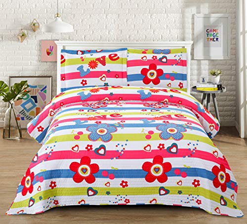 3-Piece Girls Floral Quilt Set Twin with Shams, Flowers Butterfly Colorful Dot Stripe Quilted Bedspread,Lightweight Reversible Coverlet Bedding Set, Soft Breathable for All Seasons (Floral Set, Twin)