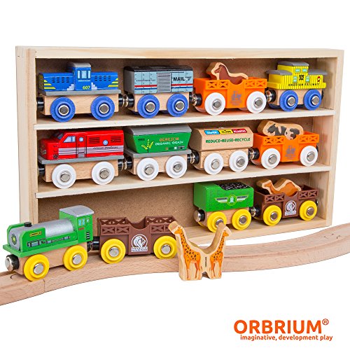 Orbrium Toys 12 (18 Pcs) Wooden Engines & Train Cars Collection with Animals, Farm Safari Zoo Wooden Animal Train Cars, Circus Wooden Train Compatible with Thomas, Brio, Chuggington