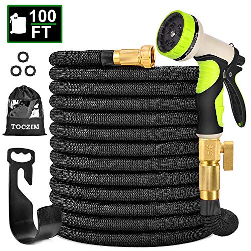 TOCZIM 100ft New Expandable Garden Hose - Superior Strength 3750D, 4-Layers Latex with 3/4' Solid Brass Connectors, 9 Function Spray Nozzle, Easy Storage Kink Free Flexible Lightweight Water Hose