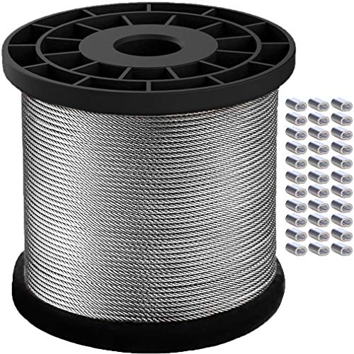 1/16 Wire Rope, Stainless Steel Cable, 328ft Aircraft Cable with 150 Pcs Crimping Loop Sleeve, 368 lbs Breaking Strength, 7x7 Strand Core, Braided Wire Cable for String Lights, Clothesline