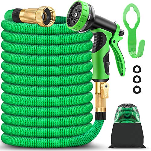 BAZOLOTA Garden Hose, Expandable 50FT Water Hose with 9 Function Nozzle, Flexible Gardening Hose with All Brass Connectors, Leakproof Durable Expanding Lightweight Watering Hose Pipe