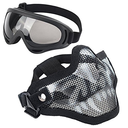LAOSGE Airsoft Mask,Mesh Half Face Skull Set with UV 400 Anti Fog Goggles( 1 PACK BBs included,80 PCS)