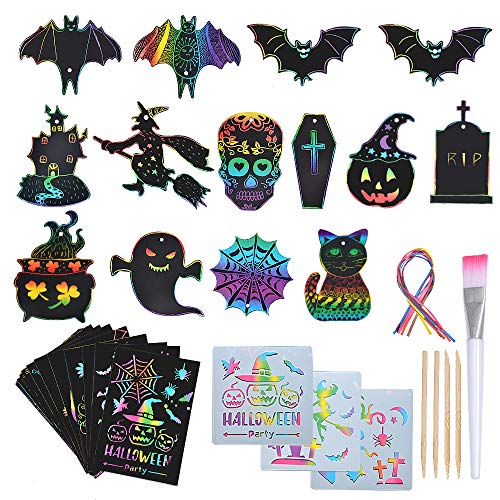 SunnyMemory Halloween Scratch Paper Art Set for Kids, 131pcs Rainbow Magic Scratch Off Arts and Crafts Supplies Kits Sheet Pack for Children Girls Boys Birthday Game Party Favor Halloween Craft Gifts