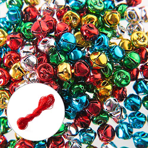 200PCS Jingle Bells,Small Bell Mini Bells Bulk with 25M Red Cords for Christmas, Party & Festival Decorations and Jewelry Making, 10 mm