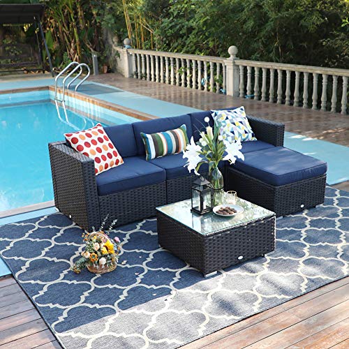 PHI VILLA 5 Pieces Patio Furniture Sets All-Weather Outdoor Sectional Sofa Manual Weaving Wicker Rattan Patio Conversation Set with Cushion and Glass Table (Blue)
