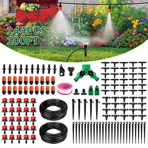 Garden Irrigation System Automatic Watering System Drip Irrigation System 100FT 1/4' Blank Distribution Hose DIY Micro Irrigation Kit Saving Water with Adjustable Dripper For Greenhouse Patio Lawn