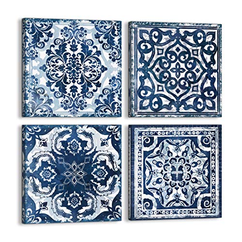 Bedroom Decor Canvas Wall Art Indigo Flower Pattern Prints Bathroom Abstract Pictures Modern Navy Framed Wall Decor Artwork for Walls Hang for Bedroom 4 Pieces Wall Decoration Size 14x14 Each Panel