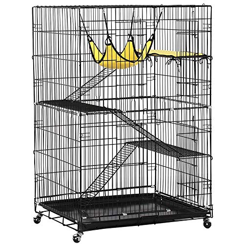 YAHEETECH Collapsible Large 3-Tier Metal Wire Pet Cat Kitten Ferret Chinchilla Cage Playpen Crate Enclosure Kennel Cat Home on Wheels Indoor Outdoor 3X Ramp Ladders/1x Hammock