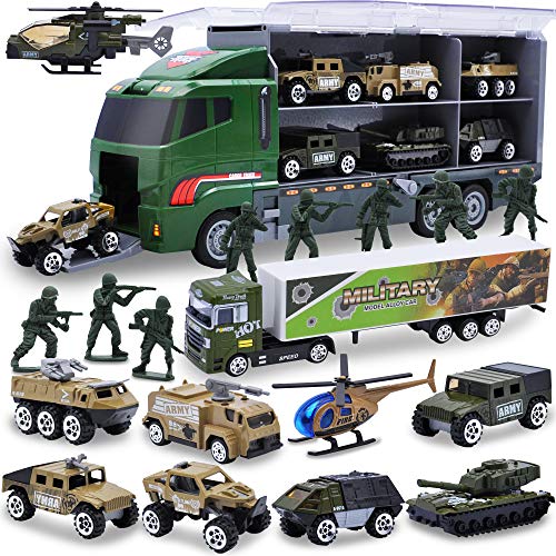 JOYIN 10 in 1 Die-cast Military Truck Army Vehicle Mini Battle Car Toy Set in Carrier Truck