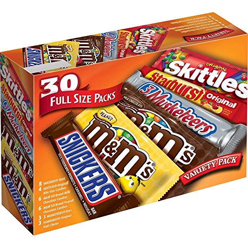 Mars M&M'S, Snickers, 3 Musketeers, Skittles & Starburst Full Size Chocolate Candy Variety Mix 56.11-Ounce 30-Count Box, Assorted